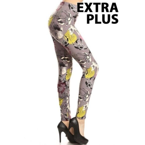 X-Plus Size 3X-5X Womens Floral Multi-color Print, Full Leggings With Banded - Picture 1 of 4